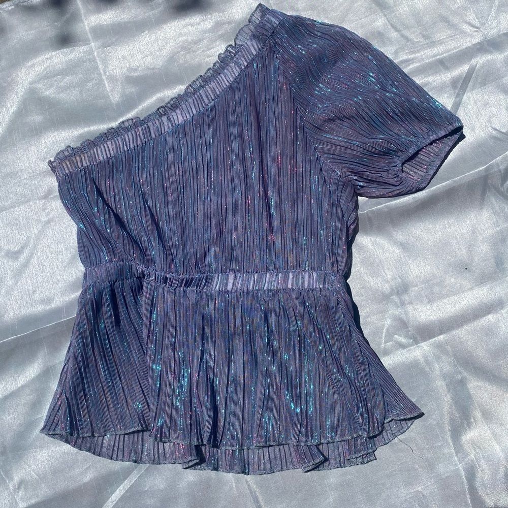 Irredescent Purple Lined Sheer Single One Sleeve Ruffle Pleated Blouse Small